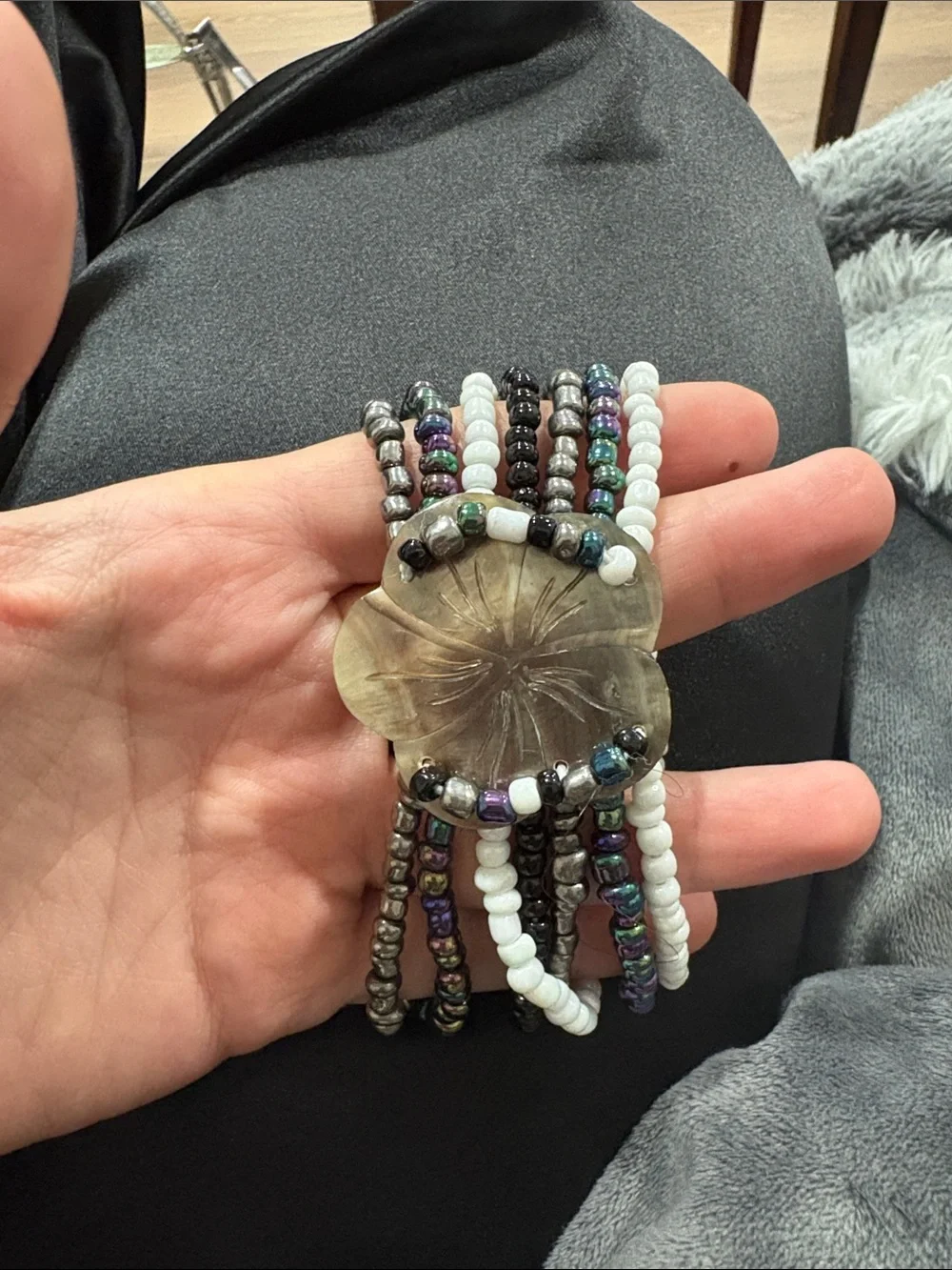 Beaded Multi-Row Bracelet with Carved Floral Accent - White, Black, Iridescent